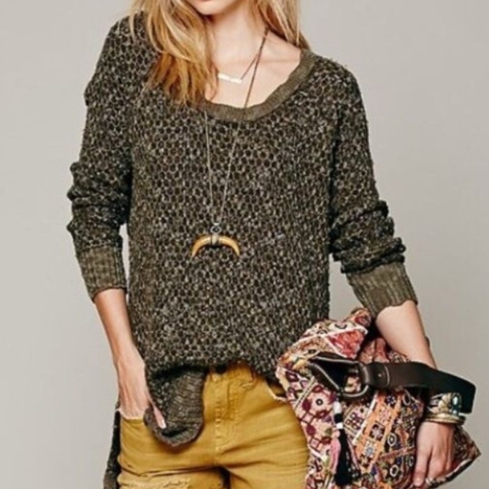 Free People Jeepster Honeycomb Sweater Olive Forest Green Textured Small